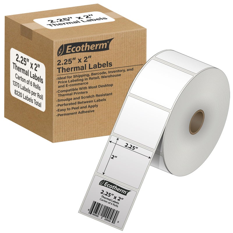 Ecotherm 2.25" x 2" Thermal Labels | 6 Rolls | 8220 Labels | fits Zebra, Munbyn, Rollo, Godex, Arkscan, iDPRT, Offnova Thermal Label Printers and More | Blank White Adhesive Stickers by Ecotherm - Image 1